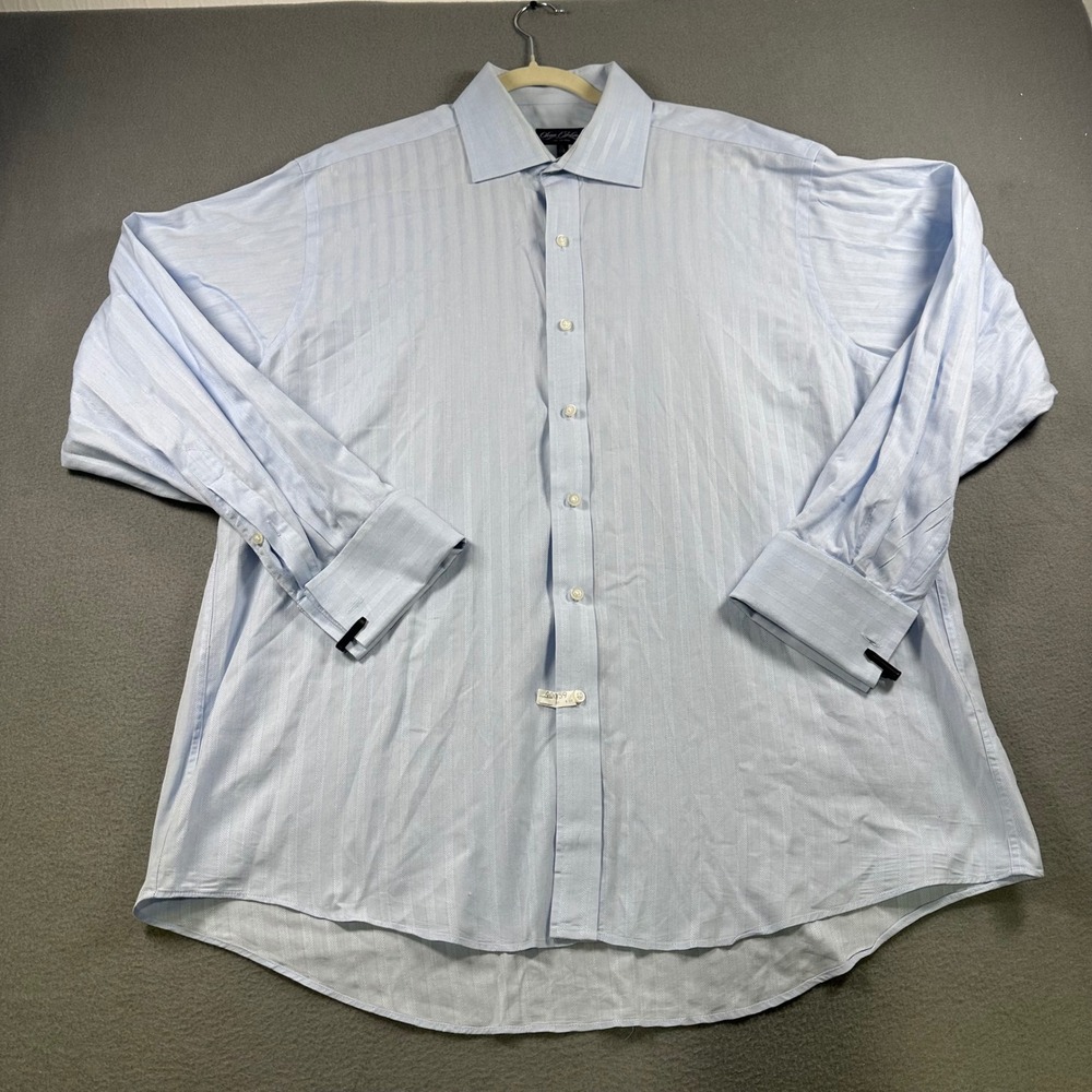 Sean John Fine Tailoring Mens XL 17.5 34/35 Blue Herringbone Stripe Dress Shirt
